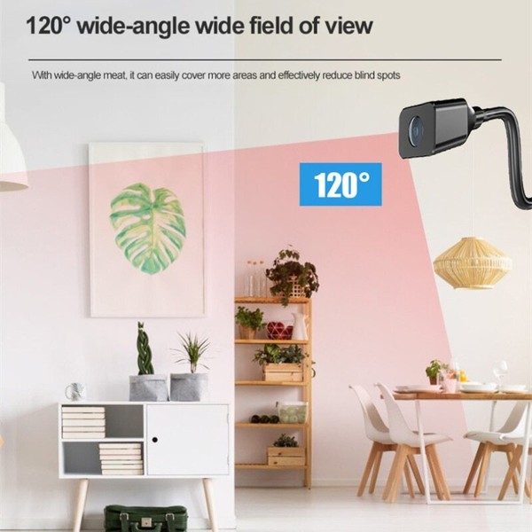 Security camera with 120° wide field view in room.