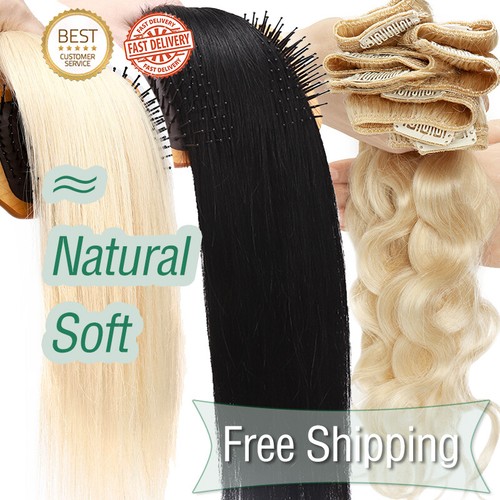 Thick Double Weft Clip In Real Remy Human Hair Extensions Full Head Highlight US