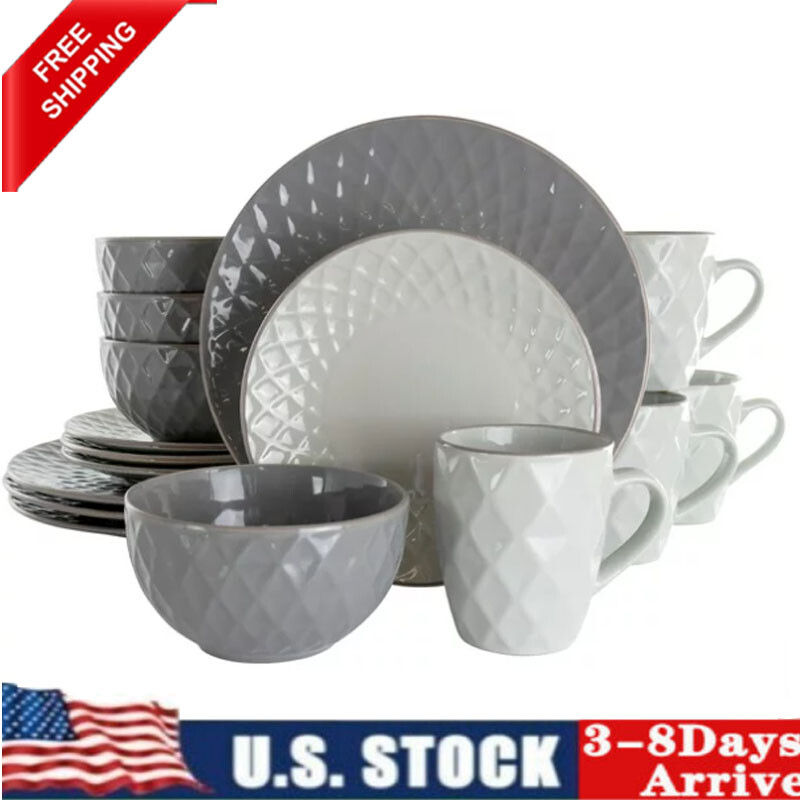 Tahitian Diamond 16 Piece Stoneware Dinnerware Set Dinner Plates Mug Slate/Pearl