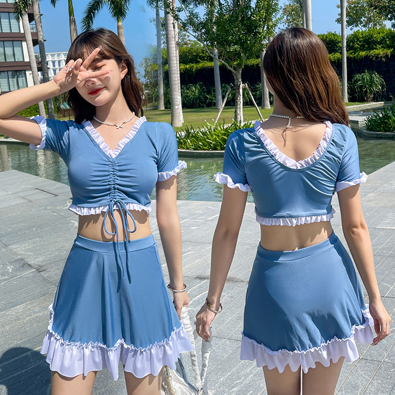 Donna 2 Pezzi Costume Orlo Increspato da Bagno Maniche Corte Spiaggia Bikini
