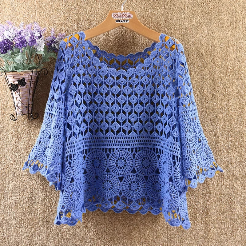 Damen Häkel Cropped Bluse Pullover Bolero Rundhals Halbarm Multicolor