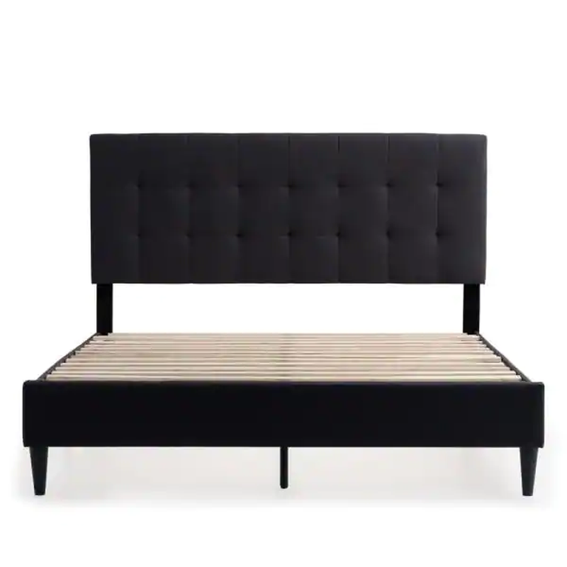 Platform Bed Tara Black Charcoal Queen Square Tufted Upholstered Metal Center