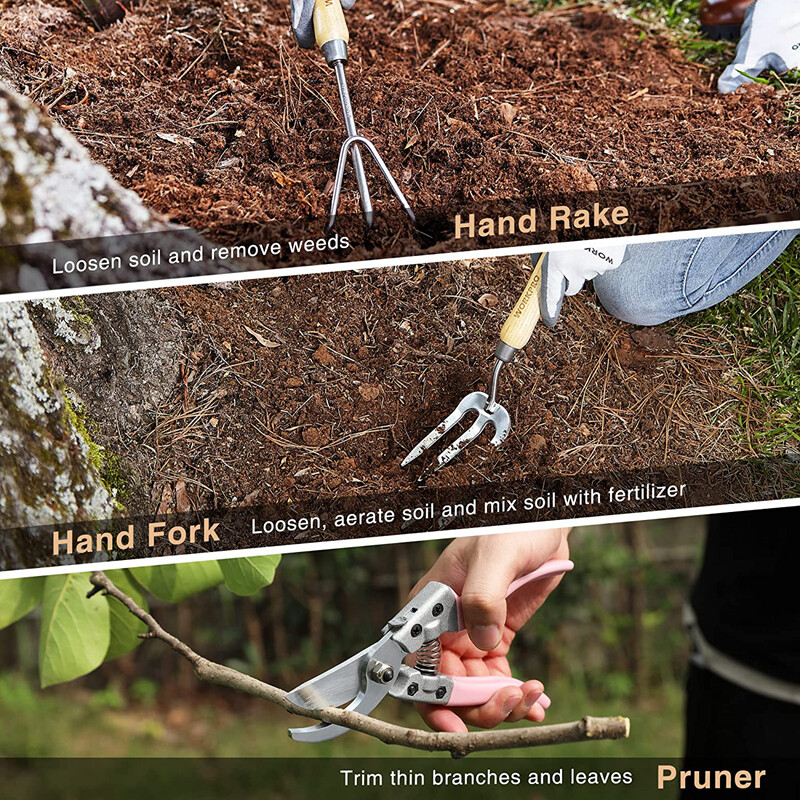 WORKPRO Pink Garden Tool Set 7PC Stainless Steel Heavy Duty Tool w/Wooden Handle