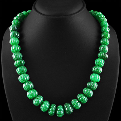 767.55 CTS EARTH MINED ROUND SHAPE CARVED RICH GREEN EMERALD BEADS NECKLACE (RS)