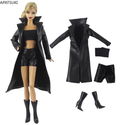 Black Leather Clothes Set For 11.5'' Doll Outfits Fashion Long Coat Shorts Boots