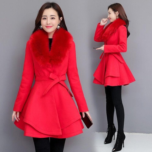 New Women Winter Woolen Waistband Peacoat Fur Collar Jacket