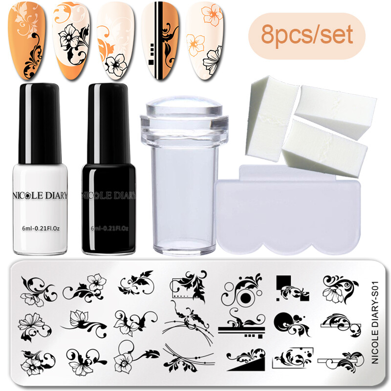 NICOLE DIARY Stamping Polish W/ Stamping Plate Stamper Scraper Sponge Nail Kits