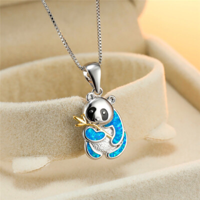 Womens Blue Artificial Animal Cute Panda Pendant Necklaces White Gold Jewelry 