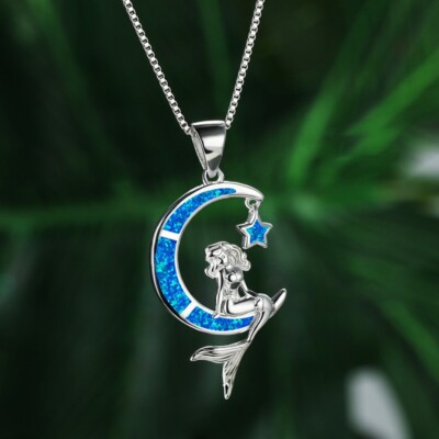 Women Silver Unique Blue Simulated Opal Mermaid On Moon Pendant Necklace Jewelry