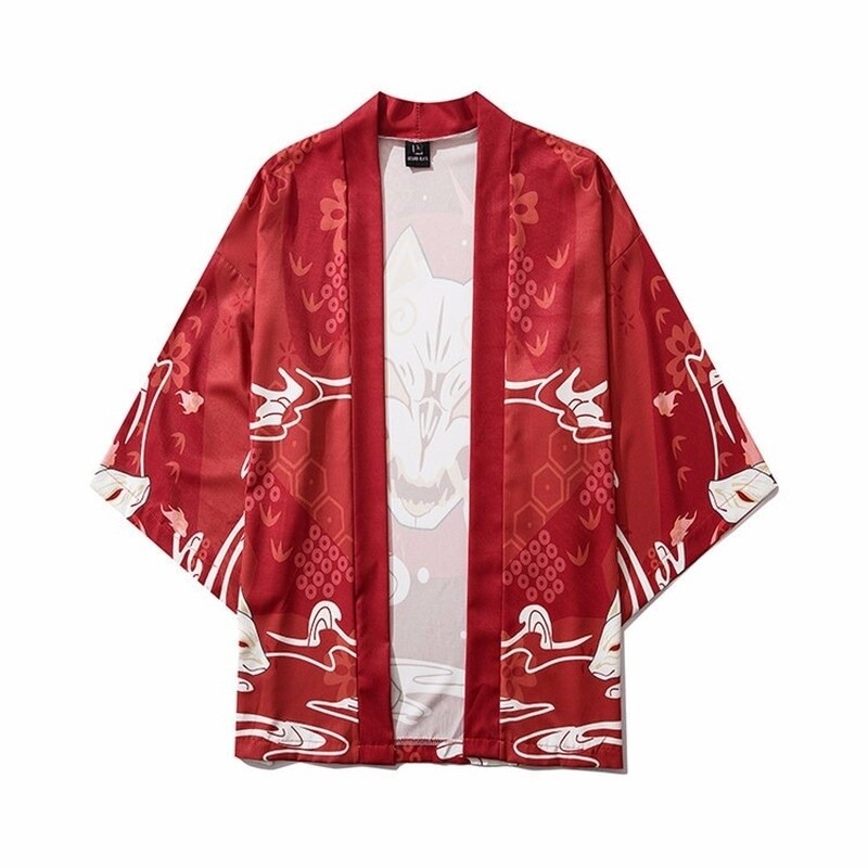 Men Kimono Jacket Japanese Coat Harajuku Cardigan Retro Haori Yukata Fox Casual