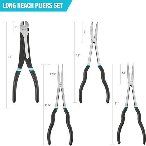 DURATECH Extra Long Needle Nose Pliers Set 4 PCS 11" Long Reach Straight Pliers