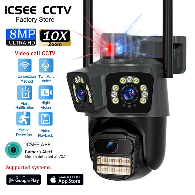 Telecamera Esterna con Sirena Professionale 4K 8MP telecamera 3 Obiettivi