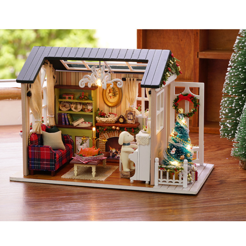 Diy Dollhouse Wooden Miniature Kit Blue Doll House Cottage Led