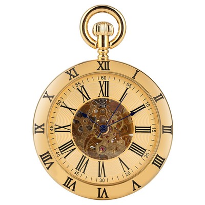 Silver/Gold Skeleton Self Wind Mechanical Pocket Watch Snake Chain for Men Women