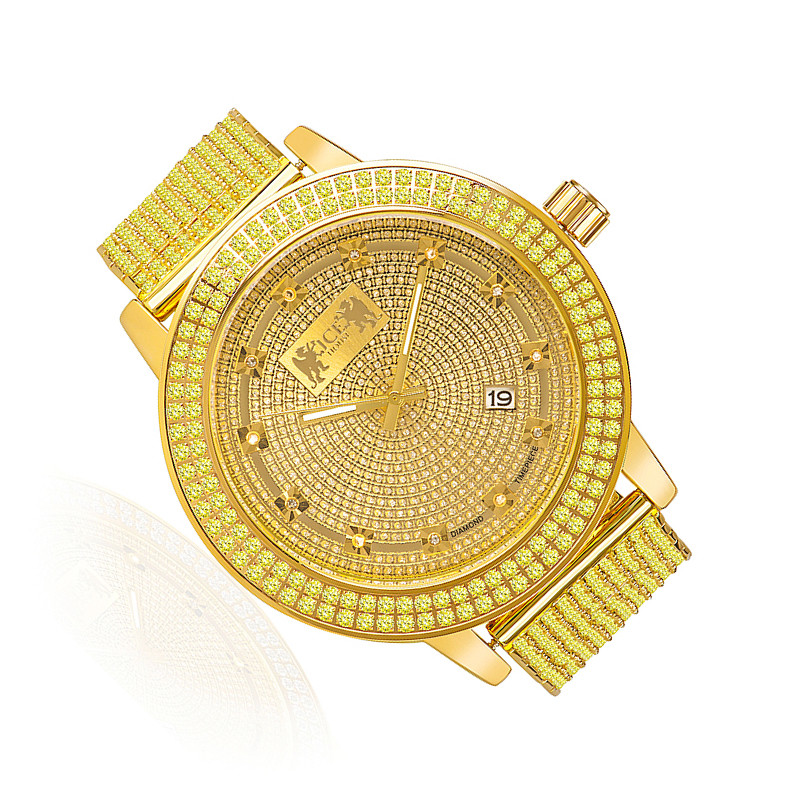 Pre-owned Jojino Canary Gold Tone Real Diamond Mens /jojo/joe Rodeo Custom Bezel Band Watch