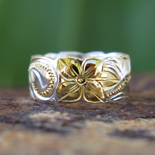 Hawaiian Jewelry Silver Gold Scroll Flower Cut Out Wedding Ring