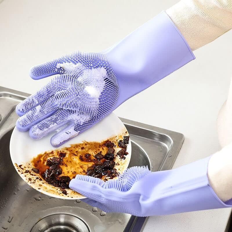 Reusable Silicone Dishwashing Gloves, Dishwashing Gloves with Scrubber, Househol