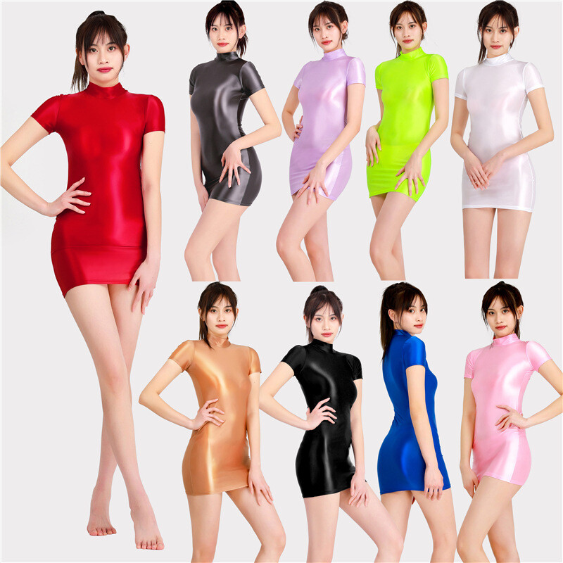 Femme Soyeux Huilé Brillant Robe Moulante Slim Élastique Semi Pur Clubwear Sexy