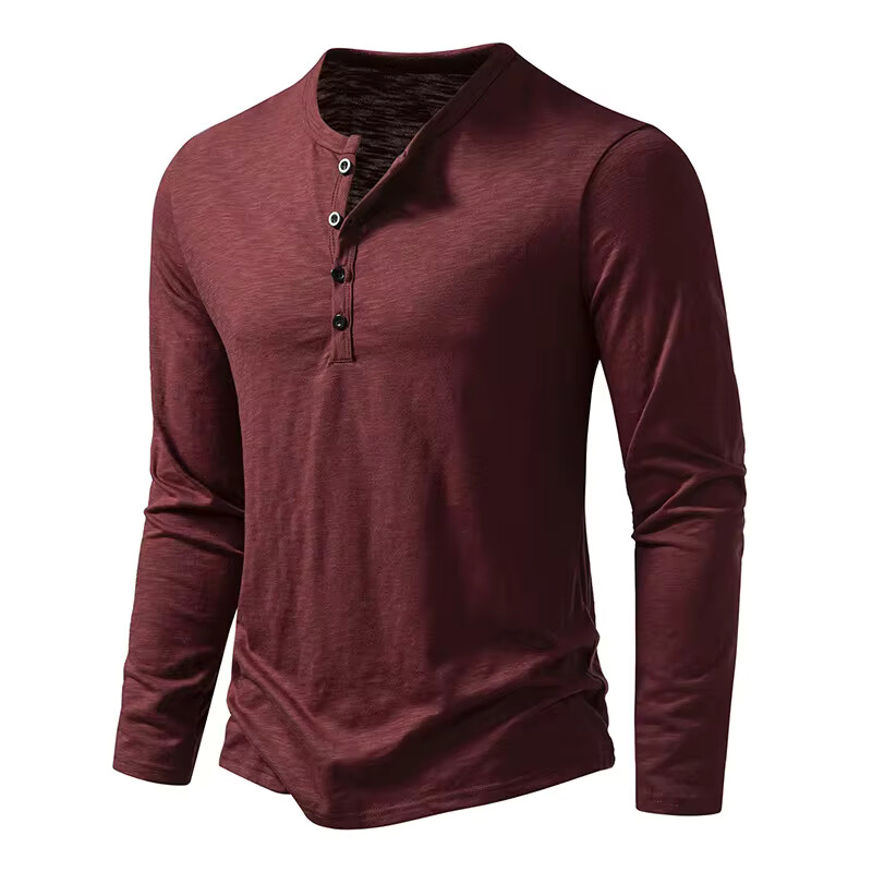 Men's Shirt Cotton Henley Neck T-Shirts Long Sleeve Casual Button Plain 25% OFF