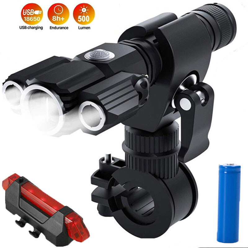 Led Headlight Rechargeable Waterproof 3 Head Light Front Lamp Set Bike