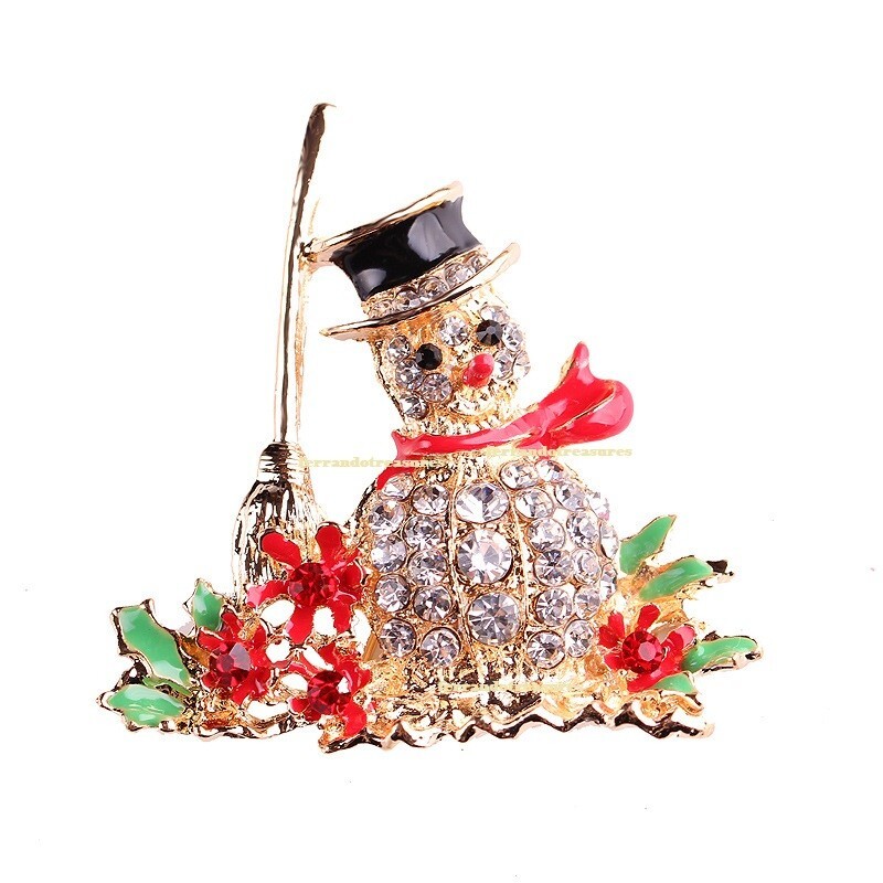 Snowman Christmas Winter Crystal Rhinestone Brooch Pin and Gold Bag - VIDEO