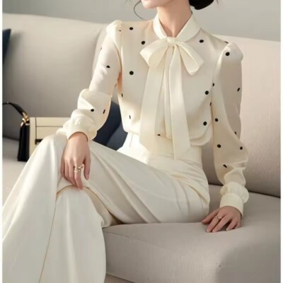 Bow Lacing Shirt Top Spring Autumn Long Sleeve Blouse Fashion Women Clothes