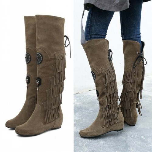Gladiator Thigh Boots Knee High Tassel Falst Lace up Womens Shoes Comfy Size New