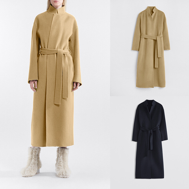 90% Wool 10% Cashmere Long Wool Coat Stand Collar Lapel