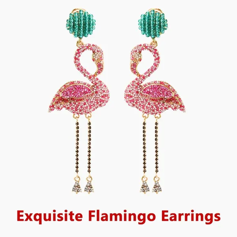European and American High Quality Pink Diamond Earrings Flamingo Full Set Diamond Earrings Animal Exaggerated Temperament Tassel Lady Earrings Personality Jewelry