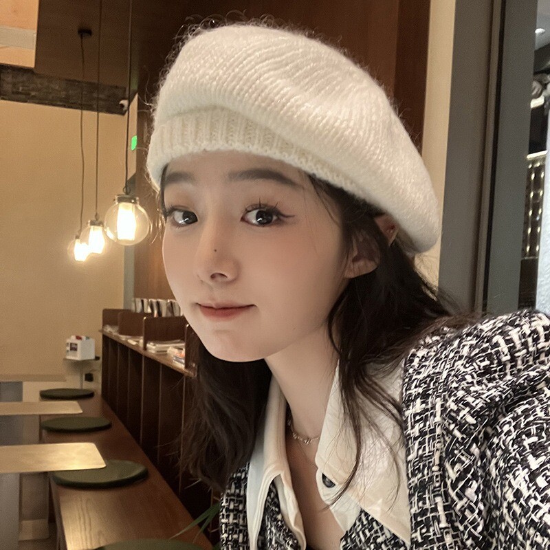 Ladies Solid Knitted Beret Hat Beanie Faux Mohair Cap Artist Warm Winter Fashion
