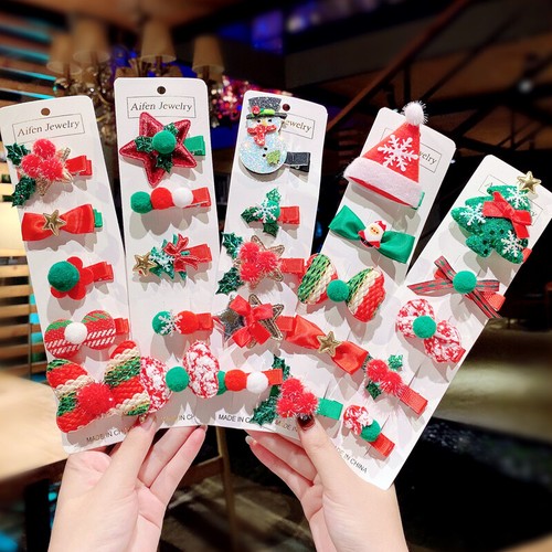 5pcs Mixed Set Girls Christmas Fabric Hair Clips Barrette Cute