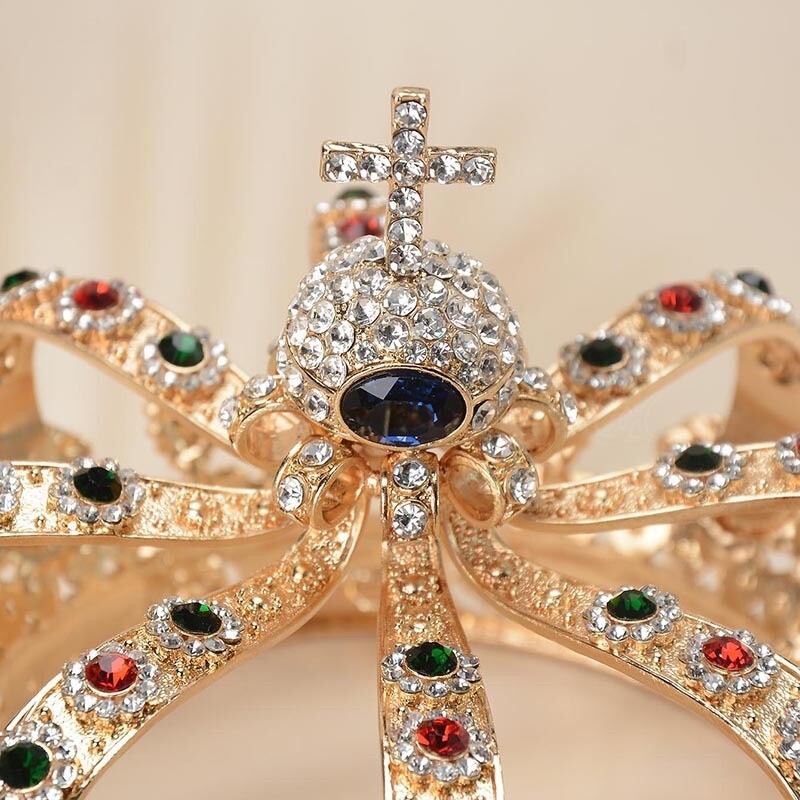 13cm Tall Large Men's Cross Gold Crown Drama Imperial Medieval King Metal Crown