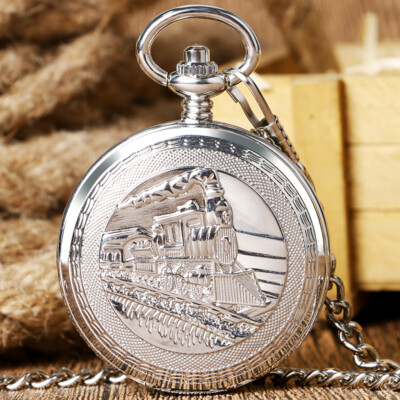 Silver Tone Steam Train Hand Wind Mechanical Pocket Watch Chain Double Hunter