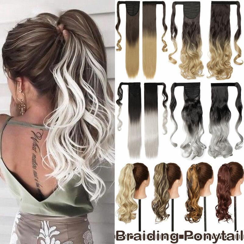Ombre Grey Long Clip In Hair Extensions Ponytail Thick Curly Wrap