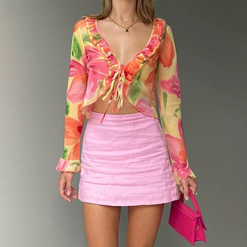 Beach Flower Ruffle Mesh Crop Top Summer Floral Long Sleeve See