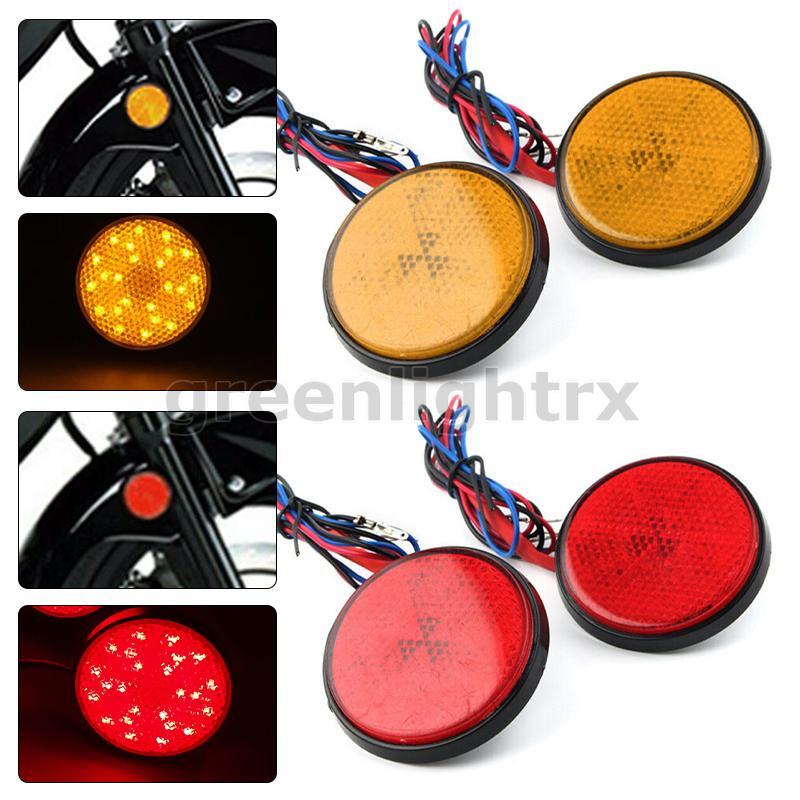 2X LED Motorcycle Round Reflector Tail Brake Turn Signal Light Marker Red Amber