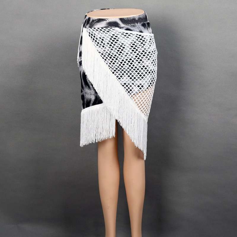 Lady Tassel Latin Dance Skirt Dancewear Mesh Tango Asymmetric Leopard Sexy Sweet