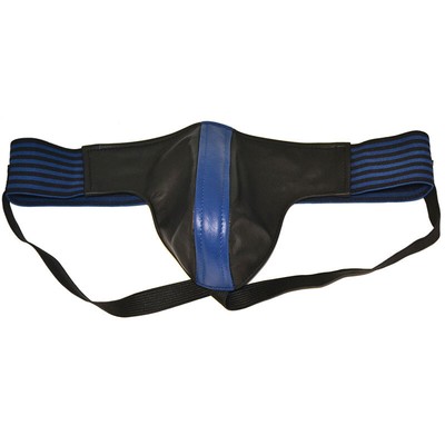 Rouge Garments Black And Blue Striped Leather Mens Jock Strap Pants