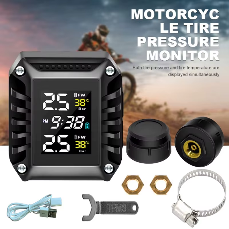 Wireless Motorcycle TPMS With 2 External Sensors Motorbike Tire Pressure Monitor