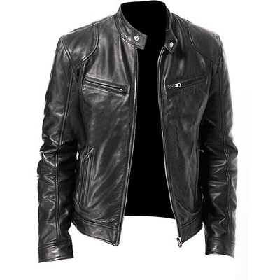 Men Cafe Racer Biker Outerwear  Zipper Motorcycle Real Sheepskin Leather Jacket