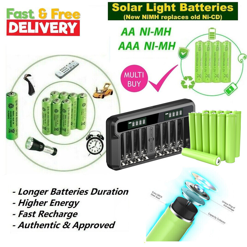 AA AAA Rechargeable Solar Light Batteries 3800mAh NiMH 1.2V and Charging Dock UK