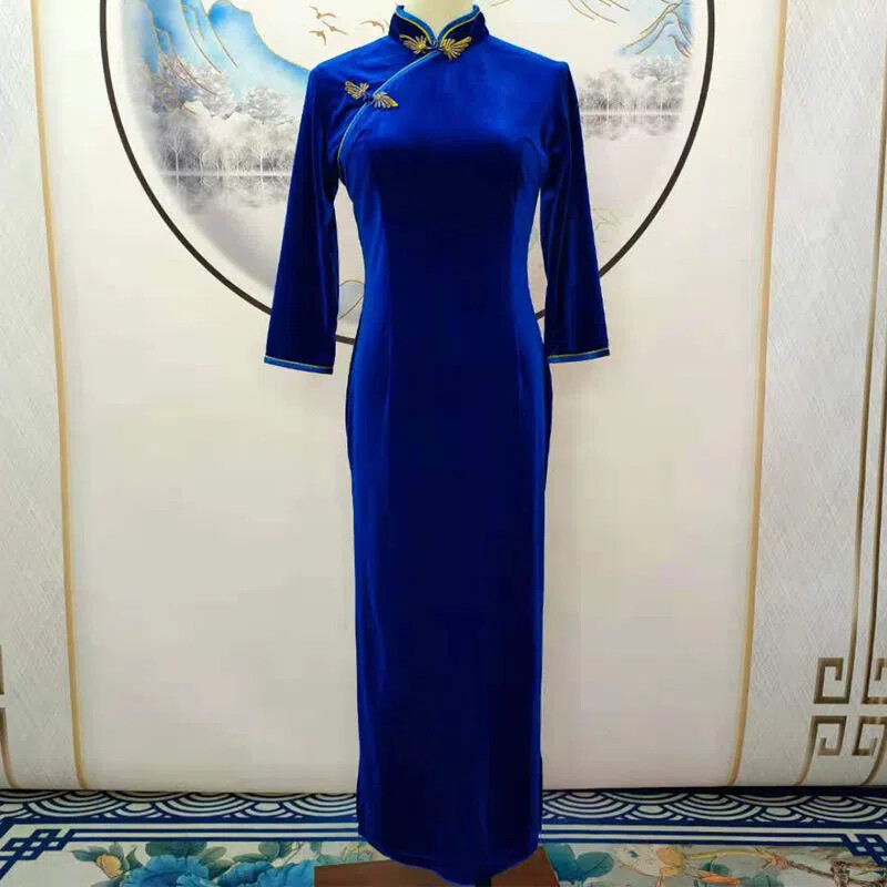 Lady Velvet Kleid Cheongsam Chinesischer Kragen 3/4 Ärmel Slim Qipao
