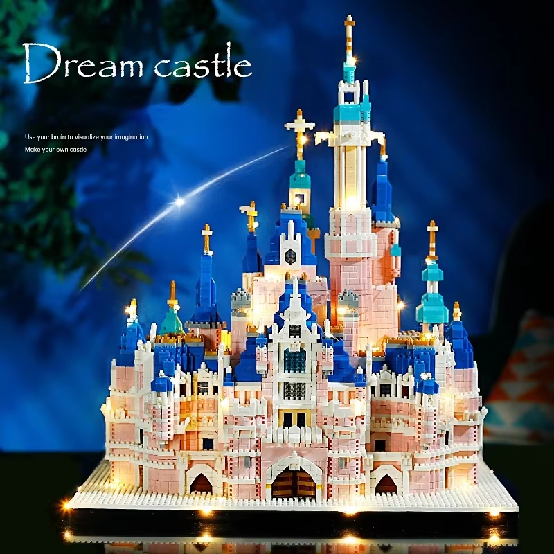 6300PCS Light Large Castle Micro Building Blocks Pink Series Castle Church Diamo