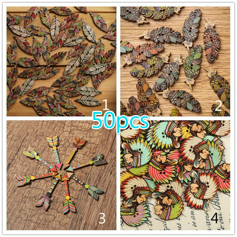 50pcs Wood Buttons Ethnic Indian Feather Leaf Retro Sewing Craft DIY Novelty