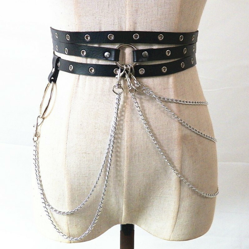 Kunstleder Gürtel Metall Taille Kette Gurt Club Tanz Steampunk Gothic Rock