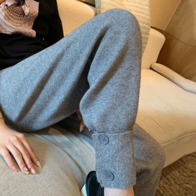 Ladies Knitted Trousers Harem Pants Knitwear Button Elastic High Waist Preppy