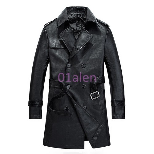 ジャケット・アウター LEATHER COMBINATION DOUBLE LAPELED COAT Men's Leather Trench Coat Double Breasted Overcoat Lapel Mid