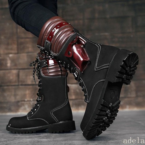 【threetimes】 Moto lace-up boots /追跡付 Punk Mens High Top Shoes Motorcycle Bikers Knee High Boots