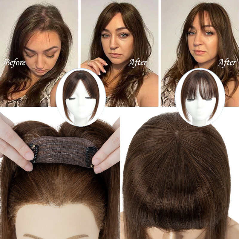 100% Remy Human Hair Topper Toupee Clip In Top Hairpiece with Bangs Mono Base