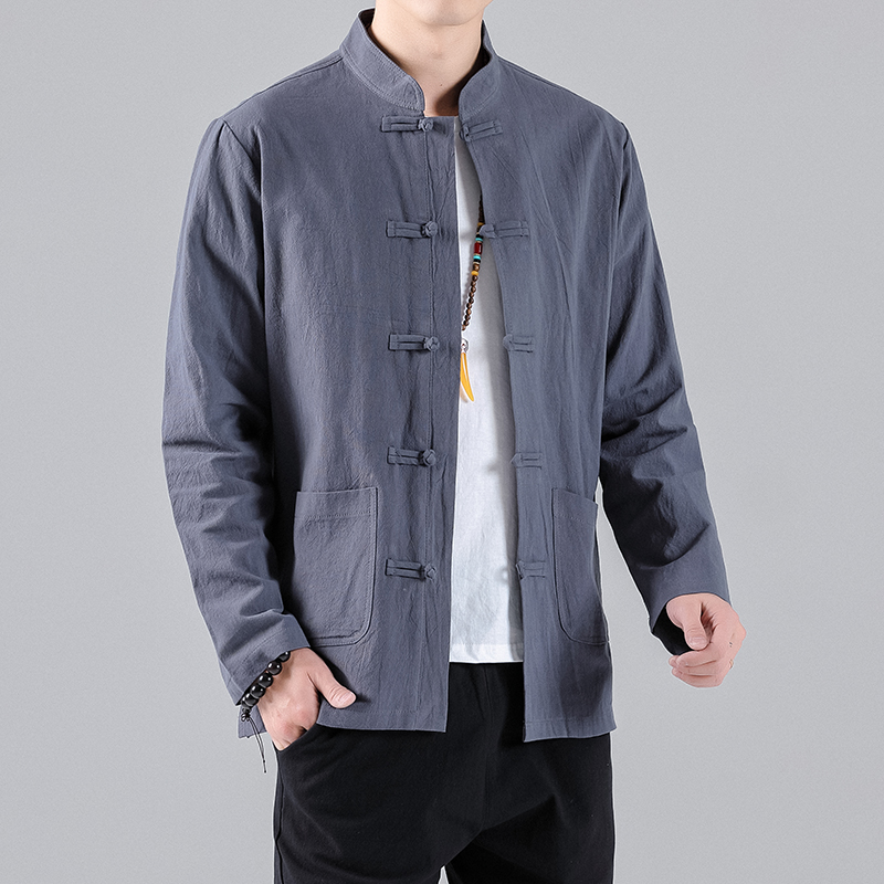 Men Chinese Tang Suit Kung Fu Long Sleeve Shirt Cotton Linen Tai Chi Uniform